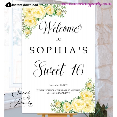 Yellow Flowers Sweet 16 Welcome sign template,110